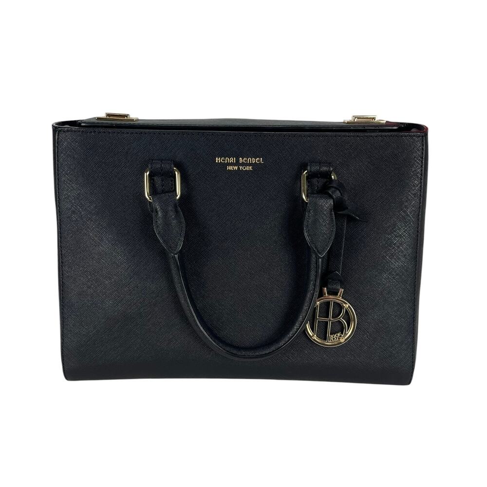 HENRI BENDEL Saffiano LEATHER Double Handle SATCHEL Bag Black Size MEDIUM